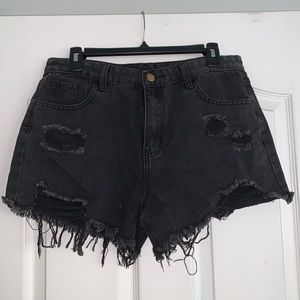 SHEIN Black Ripped Detail Frayed Trim Denim Shorts
